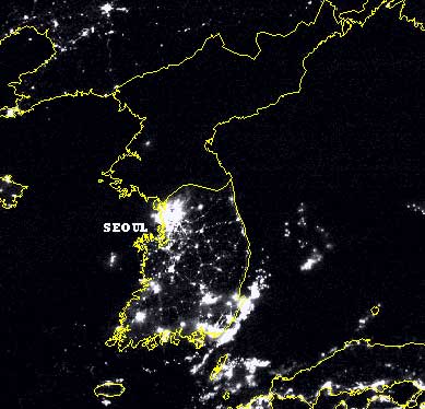 nighttime satellite photo of North and South Korea