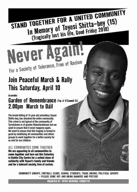 A4 Poster for Sat 10th March & Rally for Tolerance Against Racism - in memory of Toyosi
