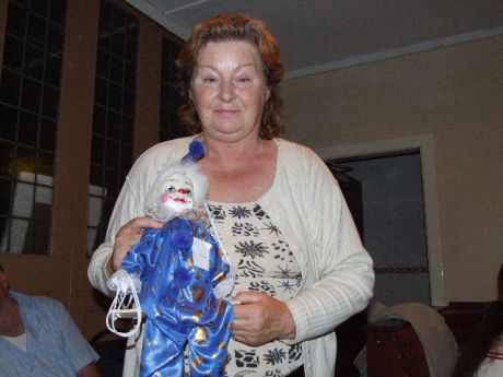 Anne Muldowney, Chairperson of IMPERO, with the marionette she won in the raffle at last night's function in The Strand Hotel, Omeath.