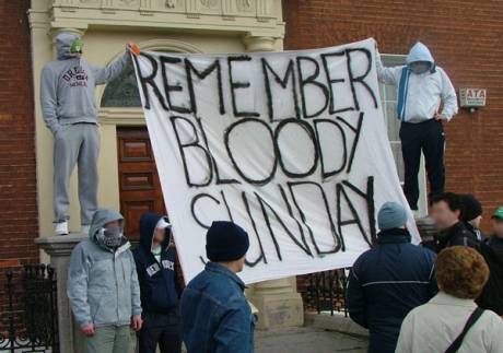 Counter-protestors unfurl Bloody Sunday Banner on Parnell Square East as March is Due to Begin