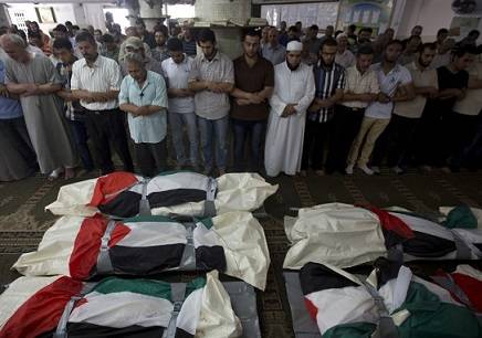 The bodies of those killed in the shelling of a hospital which is a war crime. Image By Arabs48