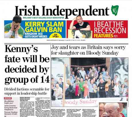 Joy and tears as Britain says sorry for slaughter on Bloody Sunday - Irish Independant front page