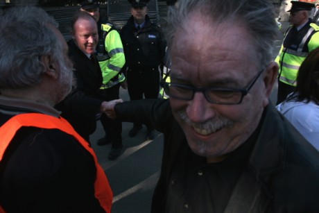 Conor Lenihan shaking Robert Ballagh's hand