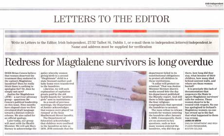 Justice for Magdalenes - lead letter Irish Independent 25 march 2010