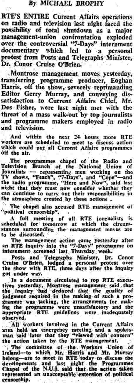 Irish Independent 25 October 1974 reports Conor Cruise O'Brien attack on RTE - and workforce response
