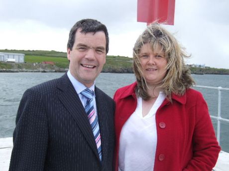 Jacqui McConville the county councillor from Clogherhead pictured at the end of the pier with Noel Dempsey who performed the opening.