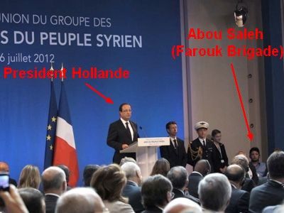 6th July 2012, War criminal Abou Saleh (Brigade Farouk) was special guest of President FranÃ§ois Hollande (young man facing the camera). He had directed the Islamic Emirate of Baba Amr and ordered more than 150 people to have their throats cut in public