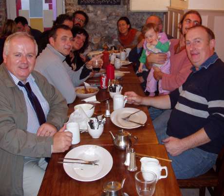 Yet more excess in the Hmeplate Restaurant  after Owen's trial was adjourned until Sep 26th. Margaretta D'Arcy, son Finn and the noted writer, John Arden were also part of Owen's solidarity crew in court today.